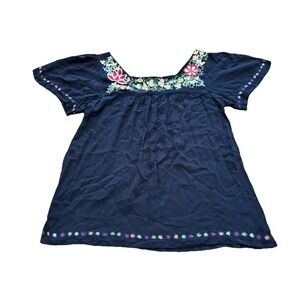 Tru Luxe Jeans Women's Black Floral Embroidered Boho Peasant Top Size Medium